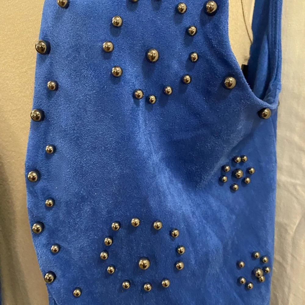 Vocal Stud Embellished Fringe Vest, feels like suede but washable, Royal Blue . - Picture 4 of 10